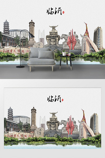 现代简约素描油画临沂市城市剪影背景墙图片