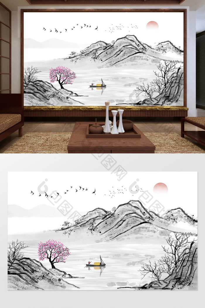 新中式抽象水墨山水艺术电视背景墙定制