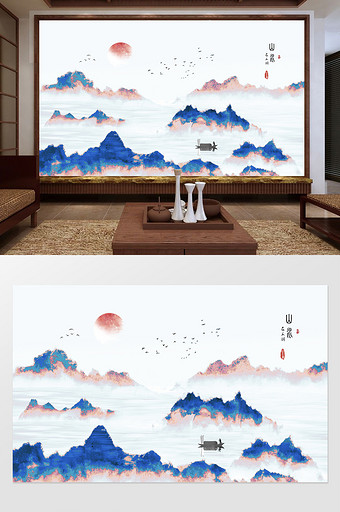 中式抽象水墨山水电视背景墙定制图片