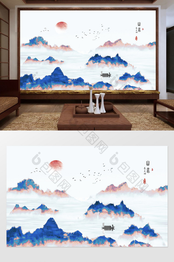 中式抽象水墨山水电视背景墙定制