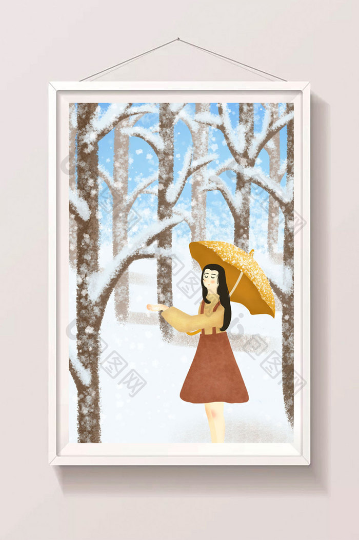 小清新之冬季女孩撑着伞赏雪