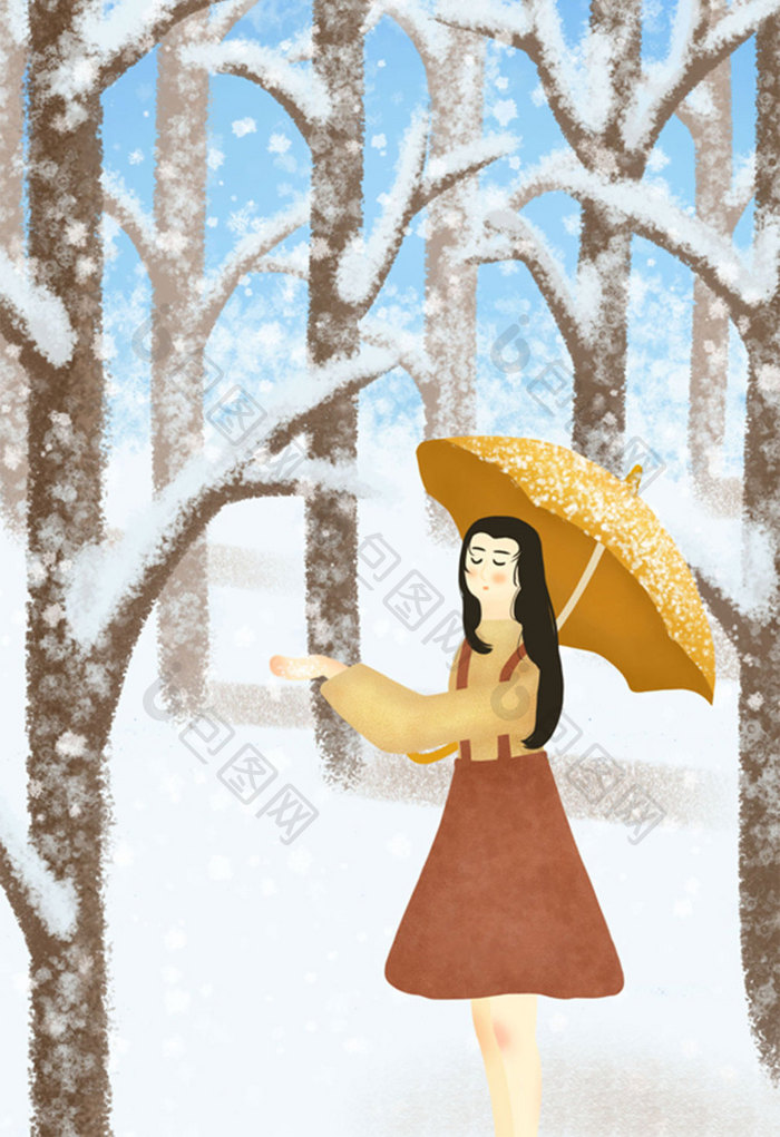 小清新之冬季女孩撑着伞赏雪