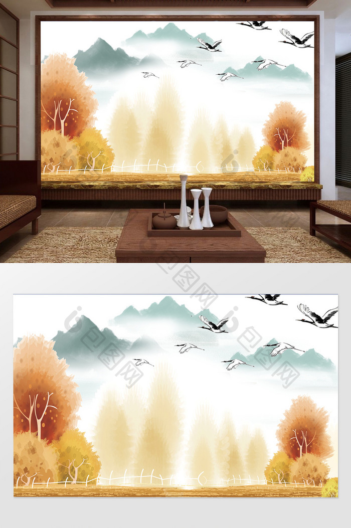 新中式山水白鹭背景墙