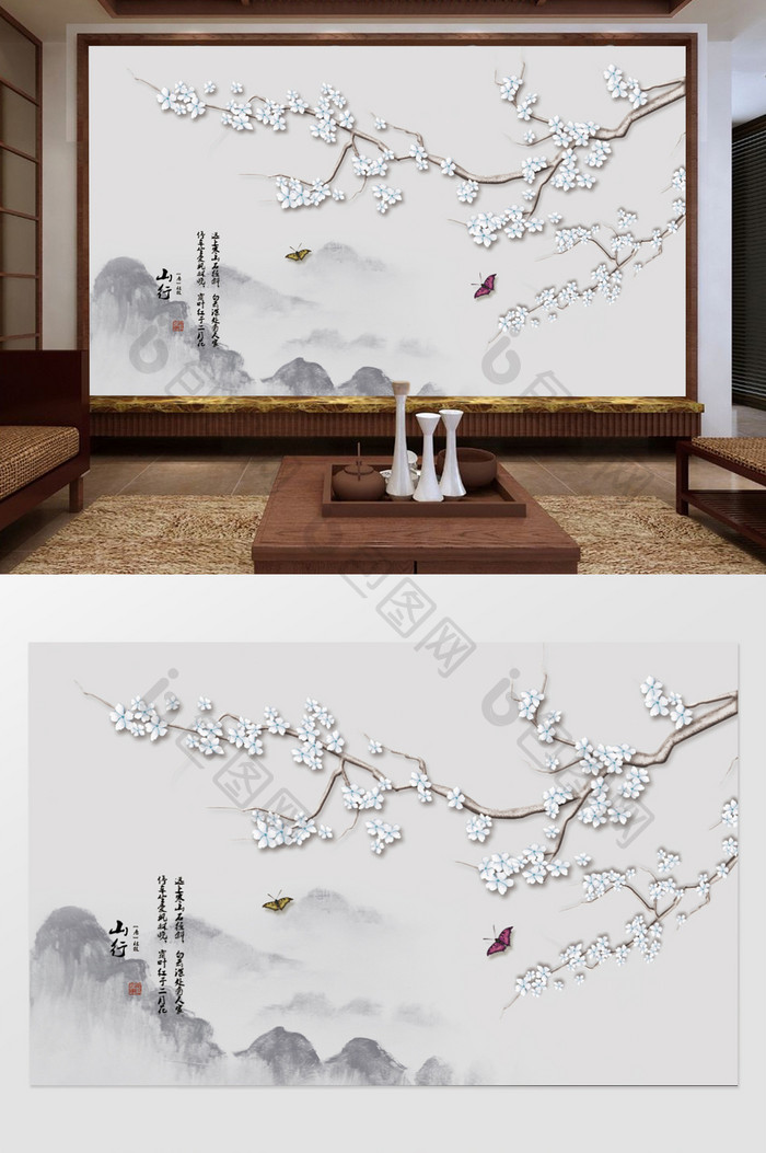 新中式现代手绘工笔花鸟背景墙装饰画