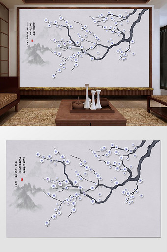 新中式桃花手绘工笔花鸟背景墙装饰画图片