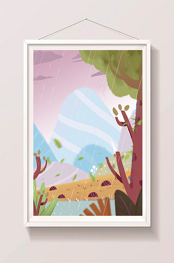 手绘下雨的山林间风景插画背景图片