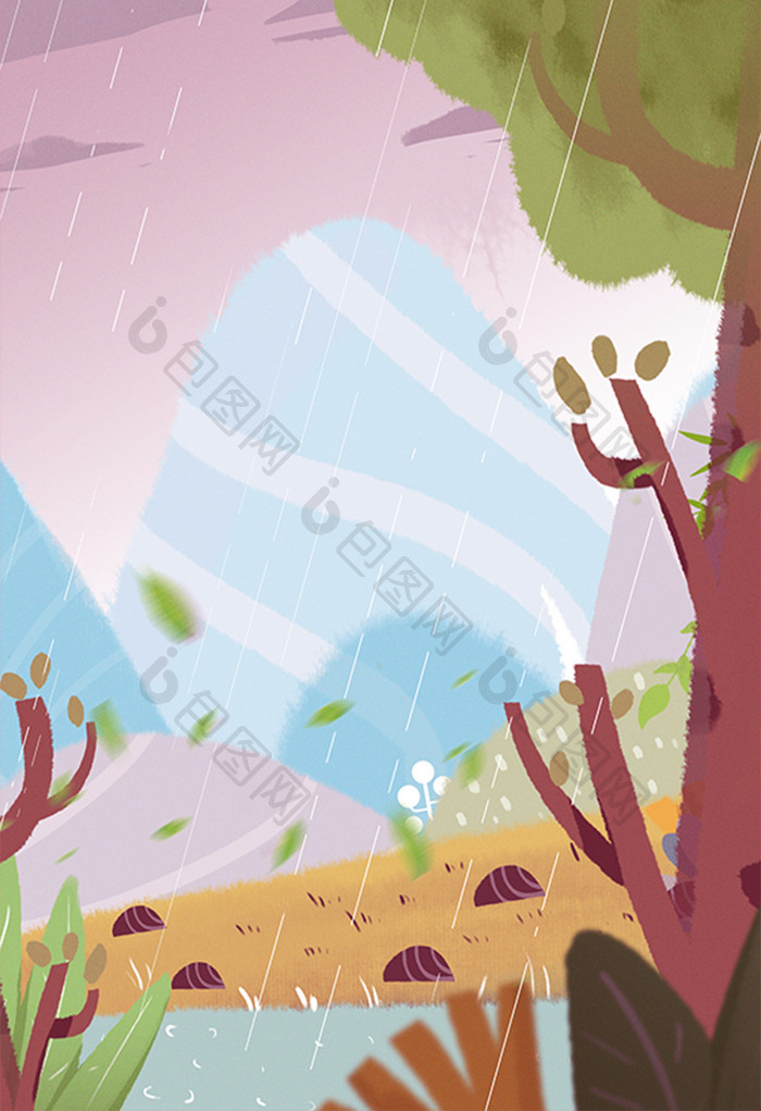 手绘下雨的山林间风景插画背景