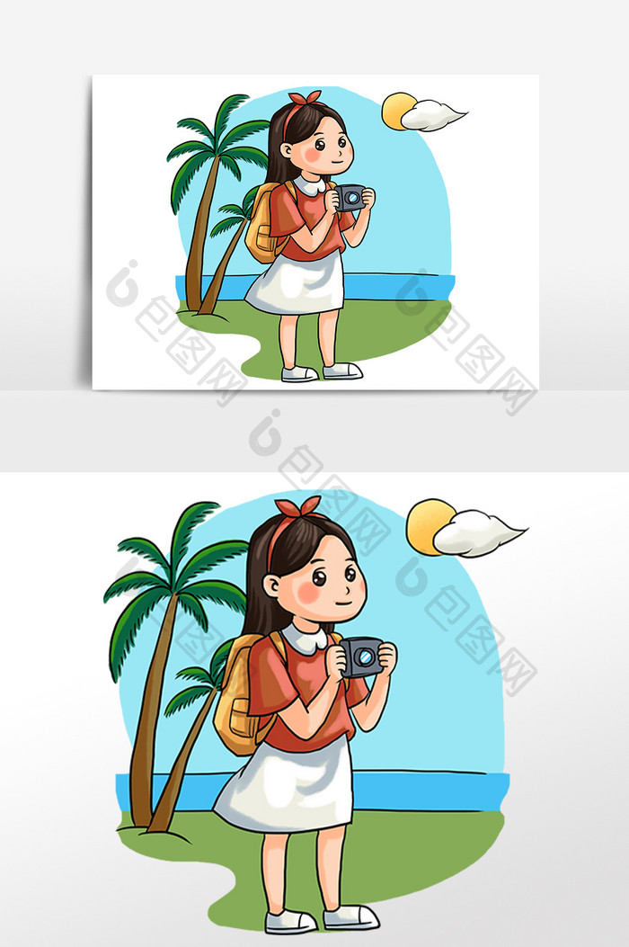 手绘海滩旅游女孩拍照插画素材