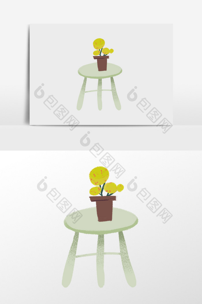 手绘桌子上放盆栽插画元素