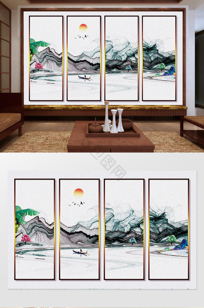 新中式山水抽象背景墙图片