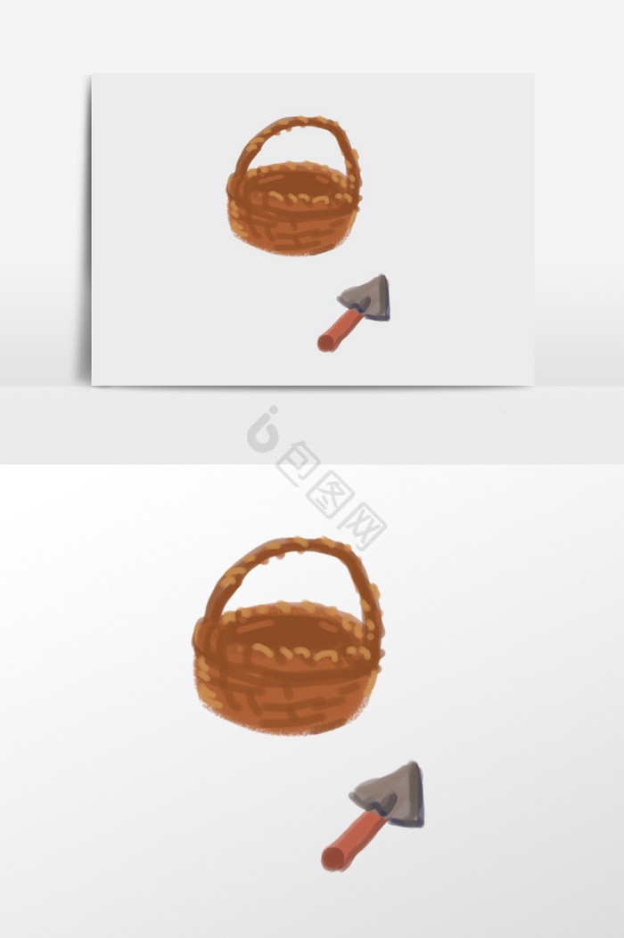 编织筐和铲子插画图片