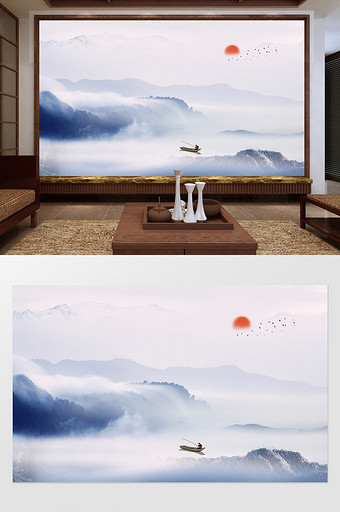 新中式蓝色山水云雾小船定制背景墙图片