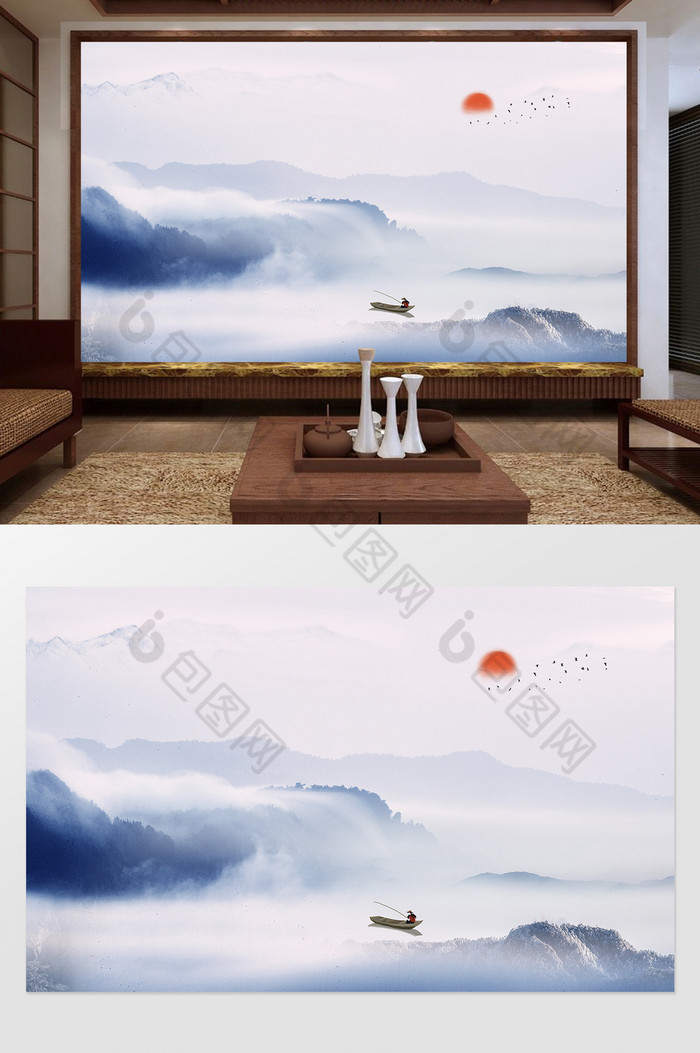 新中式蓝色山水云雾小船定制背景墙图片图片