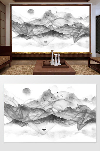 新中式云雾缭绕山水背景墙图片