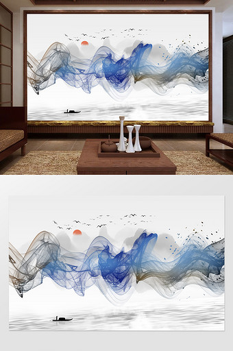 新中式唯美抽象水墨风山水电视背景墙图片