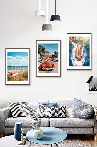 现代简约旅行风景蓝天大海组合装饰画图片