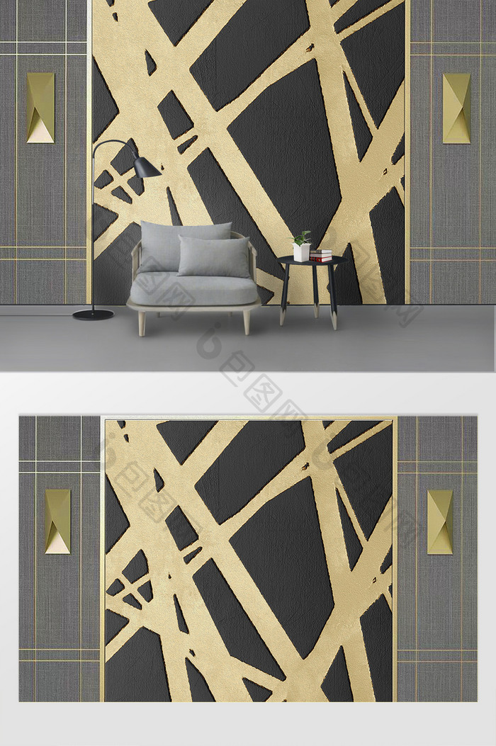 立体现代时尚金色方格几何软包背景墙