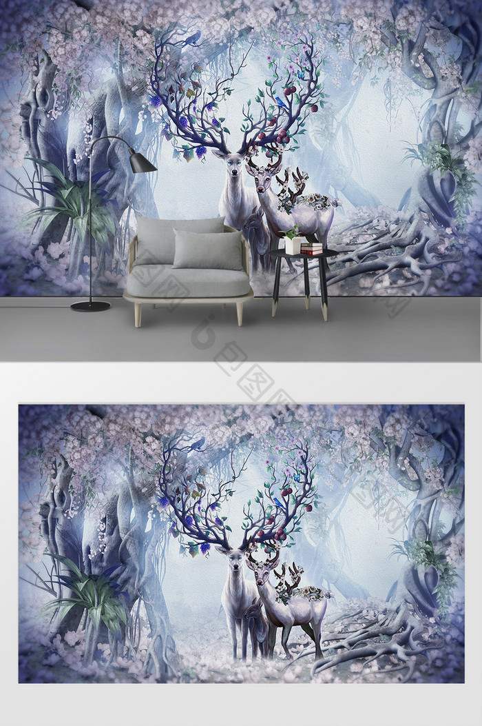 北欧森林麋鹿电视背景墙壁画-