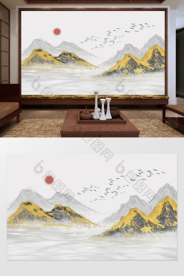 新中式水墨国画抽象金色山水风景图片图片