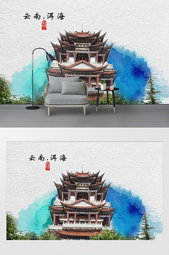 现代简约素描油画云南洱海旅游建筑背景墙图片