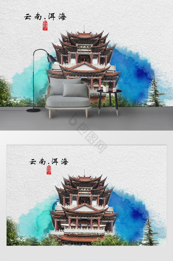 现代简约素描油画云南洱海旅游建筑背景墙图片