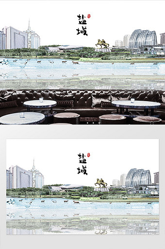 现代简约素描油画盐城城市建筑背景图片