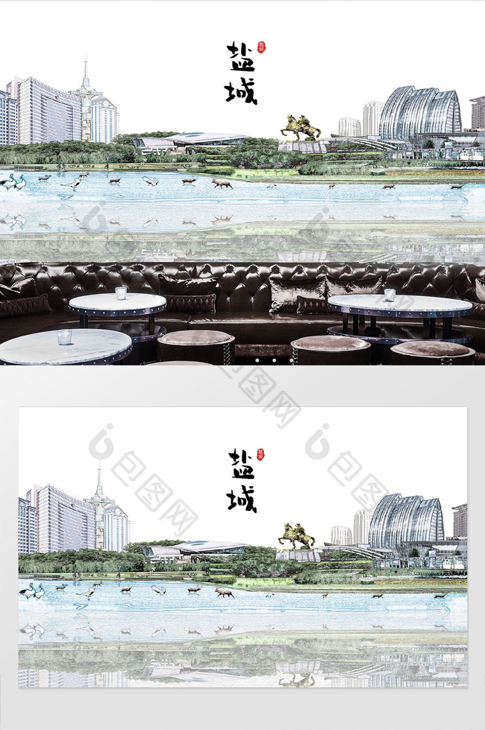 现代简约素描油画盐城城市建筑背景