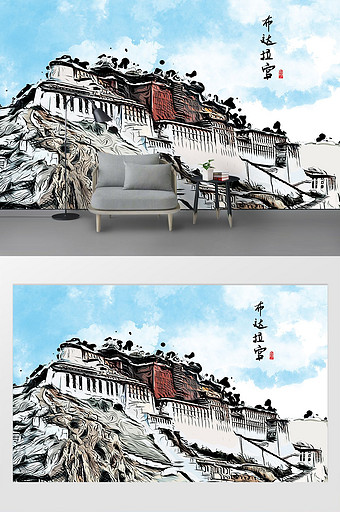现代简约素描油画西藏布达拉宫城市建筑背景图片