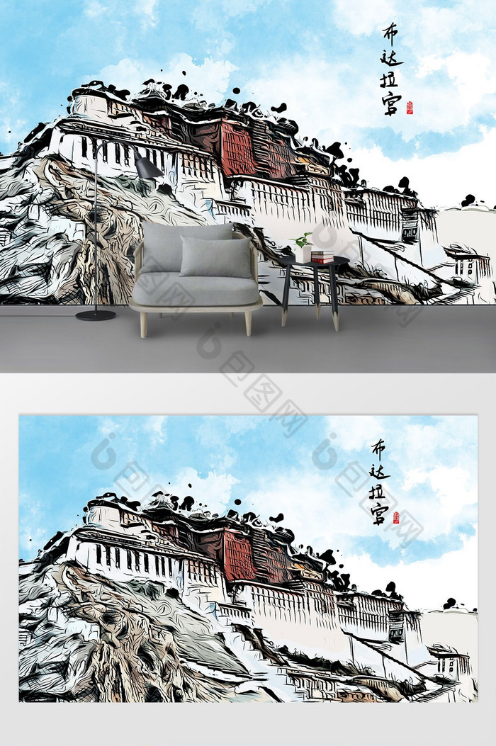 现代简约素描油画西藏布达拉宫城市建筑背景