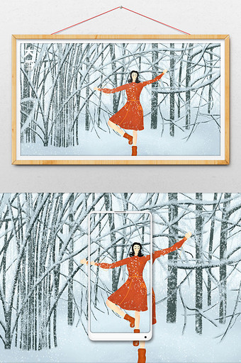 小清新冬季之在雪中跳舞的女孩图片