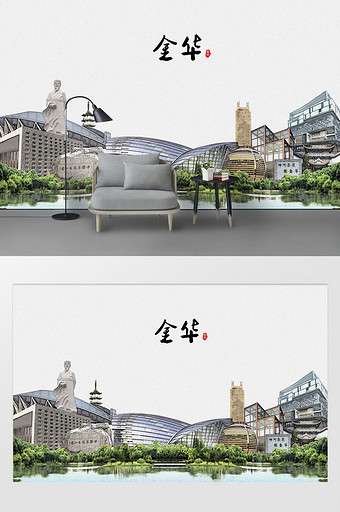 现代简约素描油画金华市城市剪影背景墙图片