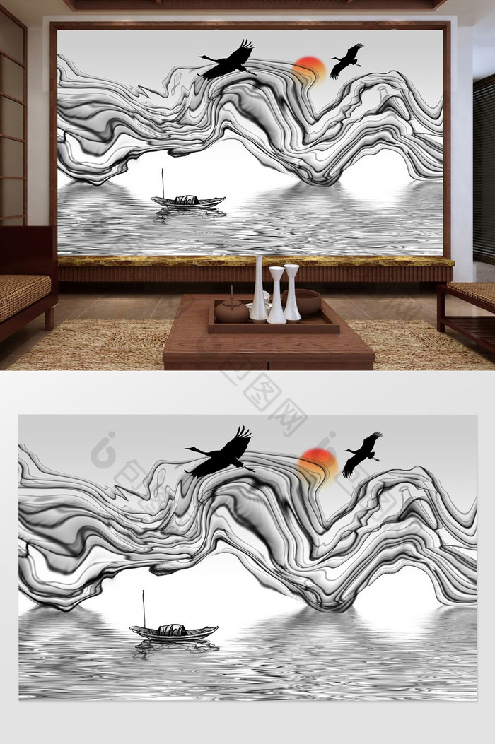 中式水墨抽象山水电视背景墙