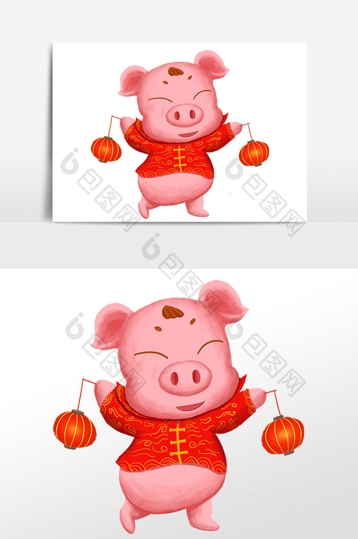 手绘猪年吉祥物提灯笼插画