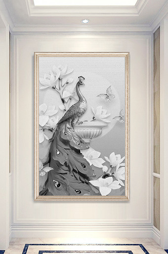 现代手绘黑白孔雀玉兰蝴蝶花玄关装饰画图片