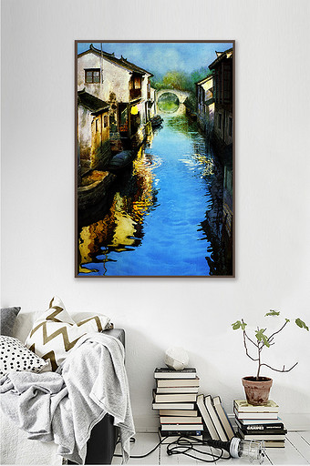 中式油画小村庄蓝色湖水装饰画素材背景墙图片