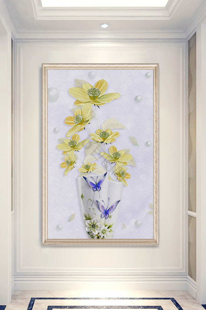 现代油画浮雕珍珠花卉蝴蝶玄关装饰画图片