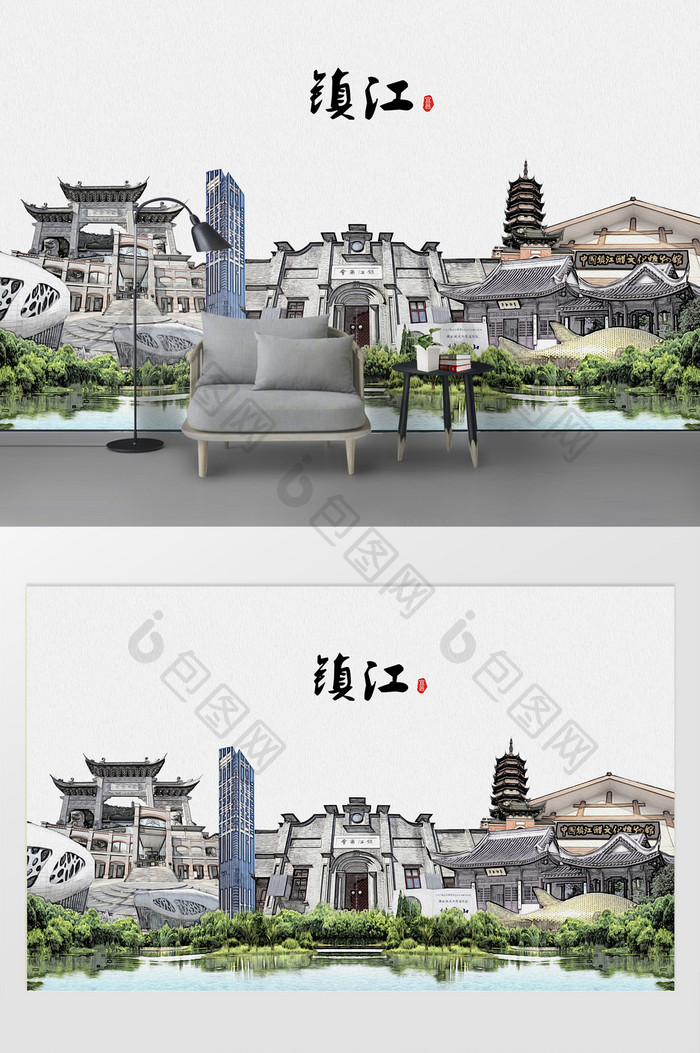 现代简约素描油画镇江市城市剪影背景墙