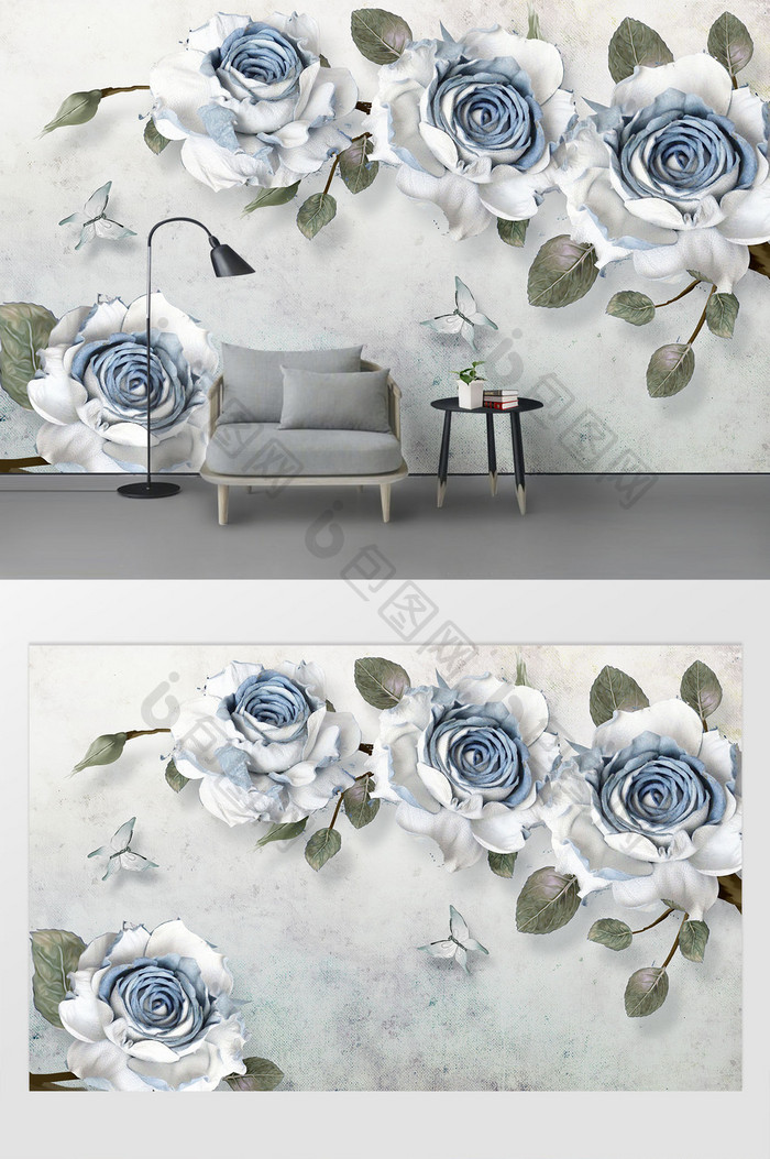 现代简约蓝色玫瑰花枝浮雕背景墙