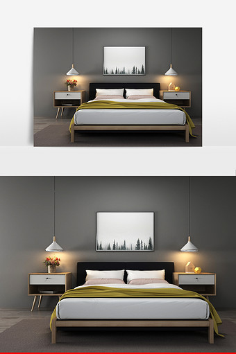 卧室双人床床头柜吊灯组合模型图片
