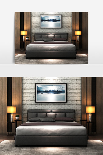 现代双人床床头柜台灯组合模型图片