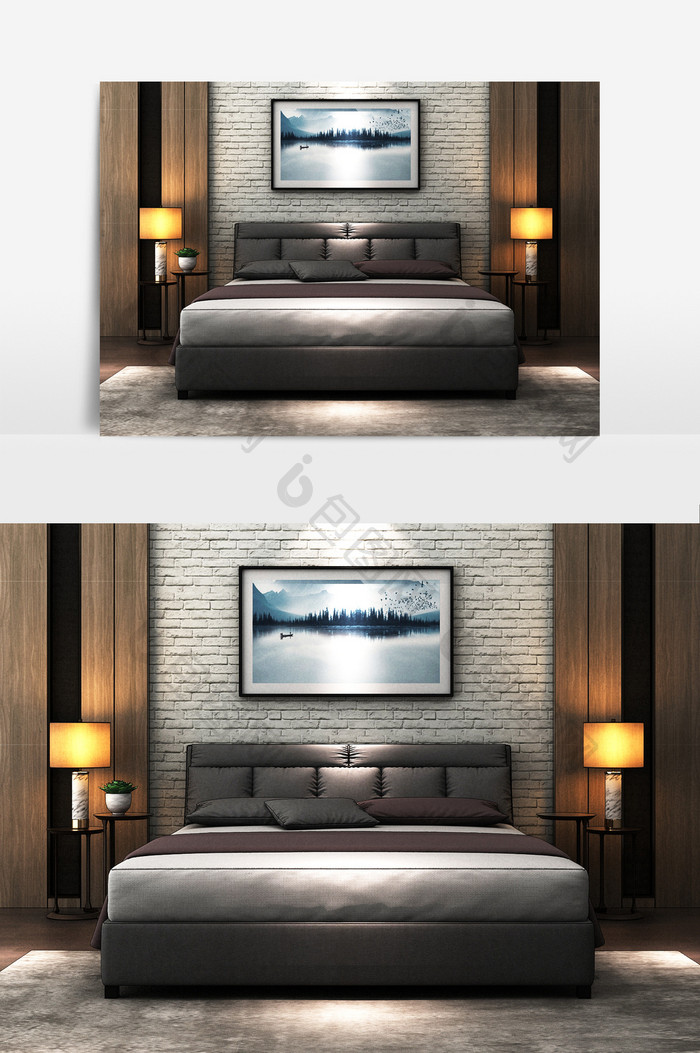 现代双人床床头柜台灯组合模型
