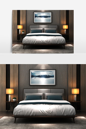 北欧风格双人床床头柜组合模型图片