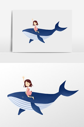 手绘小女孩和鱼插画元素图片
