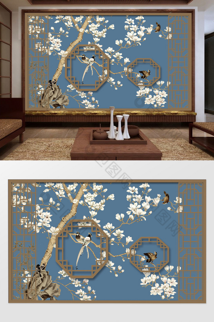 新中式唯美木雕窗手绘花鸟树枝电视机背景墙图片图片