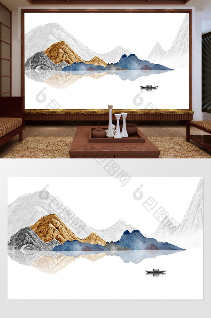 新中式水墨国画抽象山水背景墙山水画卷
