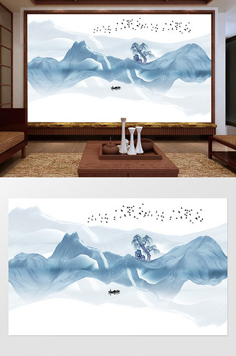 蓝色新中式山水风景抽象远山背景墙图片