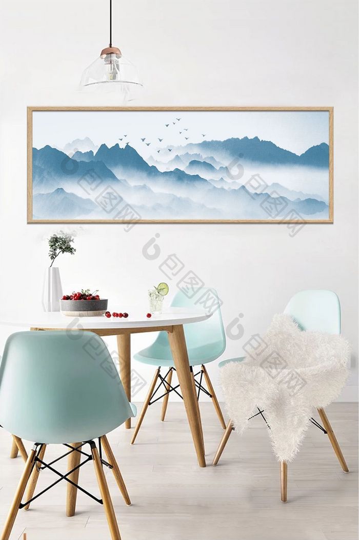 新中式蓝色山水风景抽象艺术国画背景墙