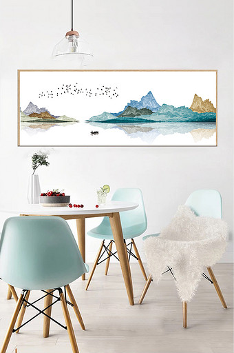 新中式蓝色抽象水墨国画山水装饰画图片