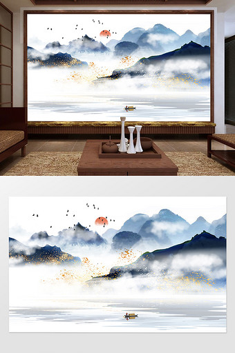 新中式蓝色水墨山水抽象唯美电视背景墙图片