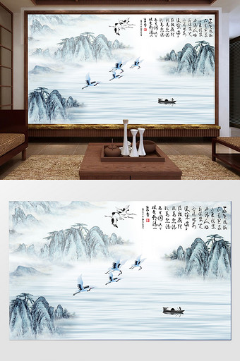 新中式禅意山水画电视背景墙一行白鹭上青天图片
